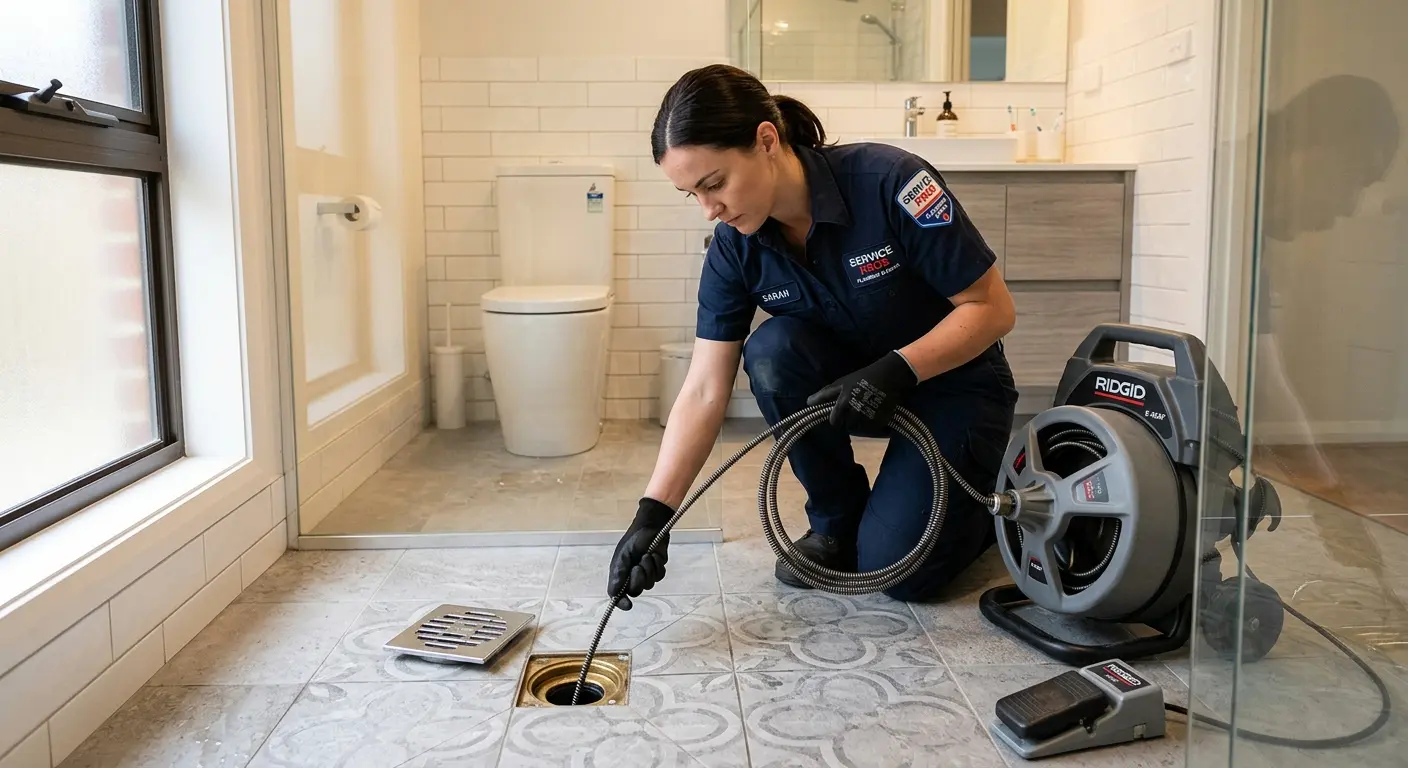 Technician clearing a bathroom floor drain for Sewer Line Installation in Brattleboro